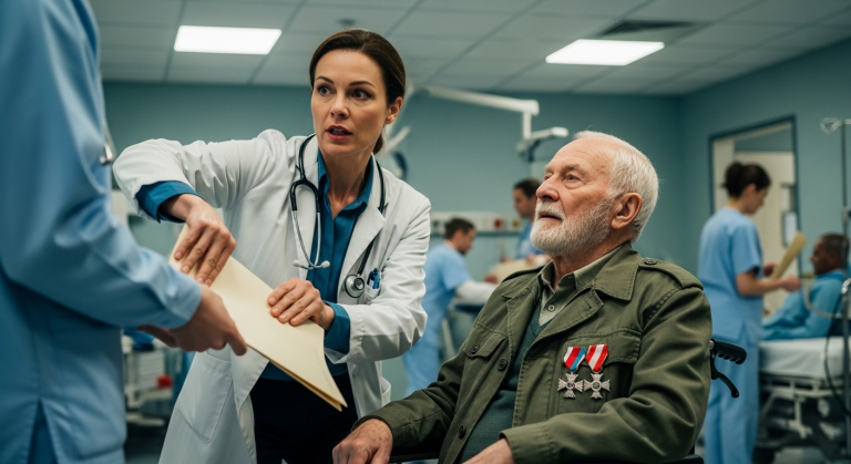 In der Notaufnahme riss mir die arrogante Chefärztin die Patientenakte aus der Hand und stieß mich grob beiseite, während sie den obdachlosen Veteranen als “Abfall” bezeichnete. Sie wusste nicht, dass der alte Mann im Rollstuhl eine Medaille trug, die ihr gesamtes Leben in Sekunden ruinieren könnte.