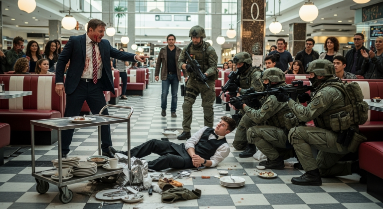 Im schicken American Diner stieß der betrunkene Geschäftsmann meinen Servierwagen um und forderte schreiend meine Kündigung, nur weil ich ihn bat, leiser zu sein. Die ganze Mall starrte uns an, bis eine Gruppe von Elite-Soldaten eintrat und sich schweigend im Kreis um meinen am Boden liegenden Körper aufstellte.