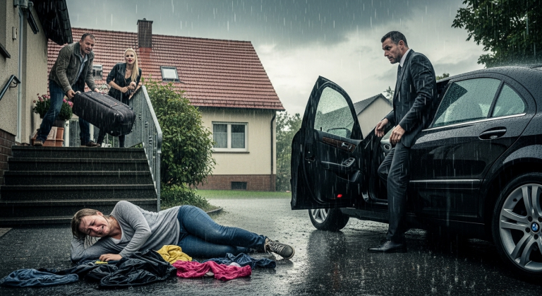 “Pack deine Sachen, sie zieht heute ein!” – Mein Ehemann warf meine Kleidung gnadenlos in den strömenden Regen und stieß mich die Treppe hinunter, während seine Geliebte hämisch lachte. Ich lag weinend im Schlamm, bis ein teurer Wagen hielt und ein Mann ausstieg, den mein Mann mehr als alles andere fürchtete.