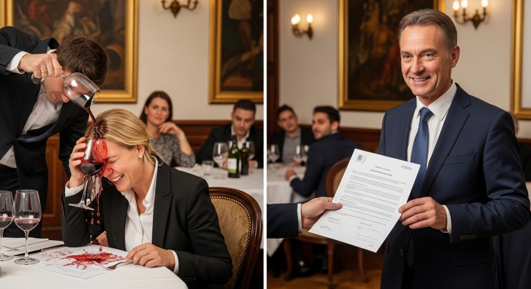 Mitten im Nobelrestaurant schüttete mein Mann sein Rotweinglas über mein Gesicht und erklärte lautstark, dass seine neue, jüngere Sekretärin nun meinen Platz einnehmen würde. Die Gäste starrten mich mitleidig an, doch dann erhob sich plötzlich der Inhaber des Restaurants und überreichte mir ein Dokument, das alles veränderte.