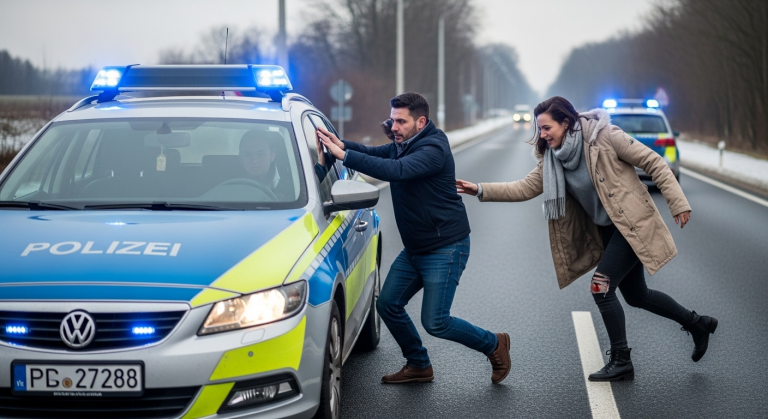 An unserem zehnten Hochzeitstag stieß mich mein Mann brutal aus dem fahrenden Auto in die Eiseskälte, nur um den Anruf seiner heimlichen Zweitfrau ungestört annehmen zu können. Mit blutenden Knien und gebrochenem Herzen sah ich ihm nach, als plötzlich ein Polizeiwagen mit Blaulicht genau sein Auto an den Rand drängte.