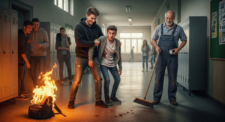 Der Schulschläger zerrte mich an den Haaren über den Flur, zündete meine Schultasche an und lachte über meine von Schlägen übersäten Arme. Niemand half mir, bis der stille Hausmeister seinen Besen fallen ließ und ein Abzeichen aufblitzte, das den Schläger erblassen ließ.