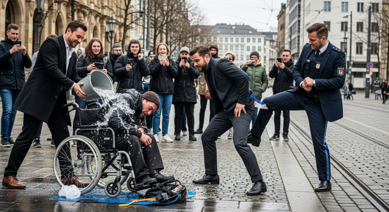 Jemand schüttete absichtlich einen Eimer eiskaltes Wasser über den friedlich schlafenden Obdachlosen und warf seinen Rollstuhl hämisch lachend zur Seite. Er schluchzte hilflos auf dem nassen Asphalt. Niemand griff ein, bis eine unerwartete Gestalt aus dem Schatten trat und eine Tat vollbrachte, die das Gewissen der ganzen Stadt erschütterte.