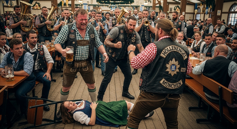 Der betrunkene Tourist im Münchner Hofbräuhaus stieß die schwangere Frau brutal vom Stuhl und lachte, während sie schmerzhaft auf den harten Boden krachte. Plötzlich verstummte die Blasmusik, als dreißig furchteinflößende Biker in Lederkutten das Zelt betraten. Was der Anführer dann mit dem Angreifer machte, wird dich sprachlos machen…
