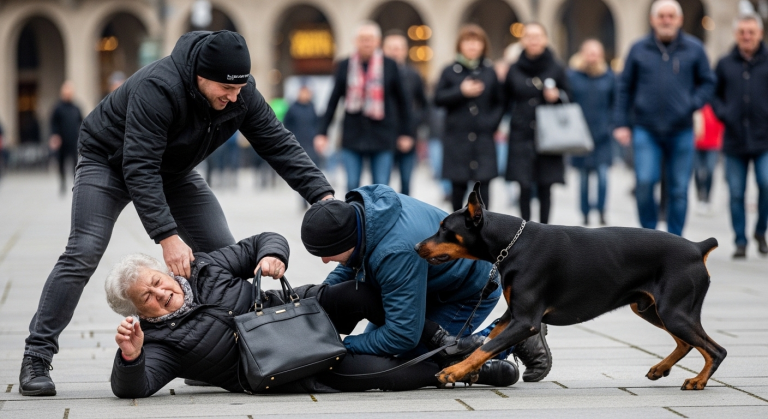 Mit voller Wucht stieß der muskulöse Dieb die 80-jährige Oma am Münchner Marienplatz zu Boden und riss ihr die Handtasche weg. Sie lag wimmernd auf dem kalten Pflaster, ihr Knie blutete, doch die Passanten eilten achtlos vorbei. Der Täter dachte, er hätte leichtes Spiel. Da schoss ein herrenloser Dobermann wie ein schwarzer Pfeil aus der Menschenmenge – was er dem Dieb antat, um die Oma zu rächen, ging viral.