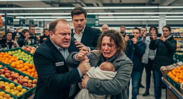 Mit schmerzverzerrtem Gesicht flehte die junge Mutter um Hilfe, doch man stieß sie nur grob gegen das Regal und zeigte anklagend mit dem Finger auf ihr weinendes Baby. Mitten in dieser grausamen Szene durchbrach plötzlich eine laute, autoritäre Stimme die Menge. Wer war der Fremde, der das Blatt der Gerechtigkeit wendete?
