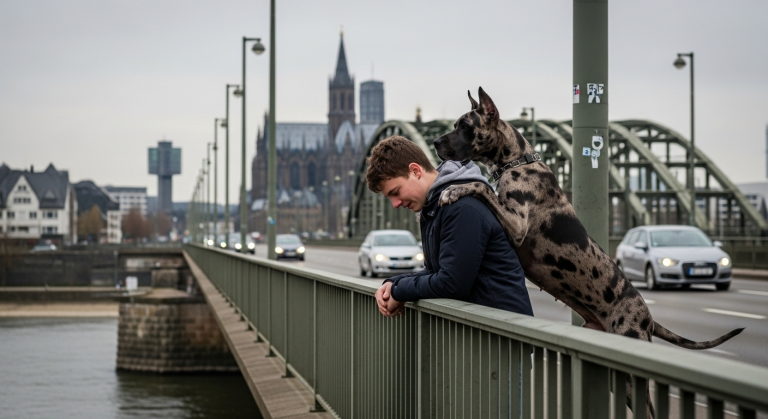 Der verzweifelte Teenager stand weinend auf dem Geländer der Kölner Hohenzollernbrücke, bereit, sich in die eiskalten Fluten des Rheins zu stürzen. “Niemand liebt mich”, flüsterte er, während die Pendler ungeduldig hupten und ihn anbrüllten, er solle endlich springen. Er schloss die Augen für den letzten Schritt. Da spürte er plötzlich eine schwere Pfote auf seiner Schulter – wie eine ausgesetzte Deutsche Dogge sein Leben in letzter Sekunde rettete, ist ein absolutes Wunder.