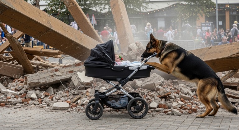 Ein ohrenbetäubendes Knacken zerriss die Feststimmung auf dem Cannstatter Wasen, als ein tonnenschwerer Holzbalken genau auf den Kinderwagen stürzte. Die Mutter erstarrte vor Schock. Es gab keine Zeit mehr wegzurennen. Der sichere Tod drohte dem friedlich schlafenden Baby in den Trümmern. In einem Bruchteil von Sekunden warf sich ein massiver Schäferhund wie ein Schutzschild über den Wagen – was unter dem Staub zum Vorschein kam, rührt zu Tränen.