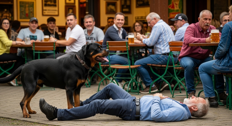 “Schaff diesen dreckigen Köter weg, oder du fliegst aus der Wohnung!”, spuckte der gierige Vermieter im gut besuchten Biergarten aus. Er schlug mit seinem Stock nach dem friedlichen Rottweiler. Doch plötzlich griff der alte Mann sich an die Brust und brach röchelnd zusammen. Ein massiver Herzinfarkt. Während die anderen Gäste in Panik flohen, leistete genau dieser “dreckige Köter” etwas, das selbst die eintreffenden Sanitäter völlig sprachlos machte.
