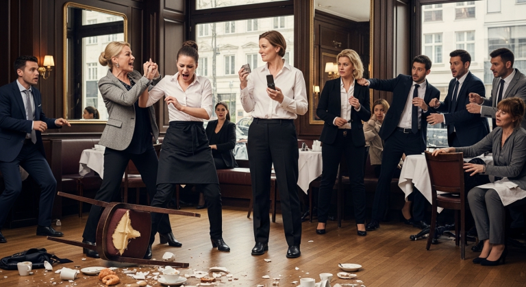 Die feine Dame stieß den Servierwagen voller Wucht zur Seite, schrie die zitternde Kellnerin mit knirschenden Zähnen an und zeigte drohend mit dem Finger direkt vor ihr Gesicht. Die Tränen der Demütigung flossen. Doch plötzlich erhob sich eine unauffällige Person vom Nachbartisch, deren Identität die grausame Frau in Sekundenbruchteilen erbleichen ließ.