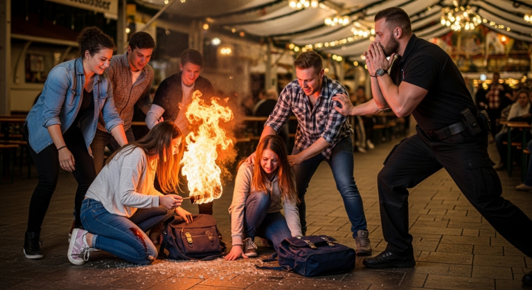Auf dem Cannstatter Volksfest zündete eine Gruppe reicher Schüler grinsend die Schultasche eines armen Mädchens an und schubste sie in die Glasscherben. Mit blutenden Knien und Tränen in den Augen kauerte sie weinend am Boden. Da packte ein muskulöser Sicherheitsmann aus dem Festzelt den Anführer der Schläger und flüsterte ihm eine eisige Drohung zu…