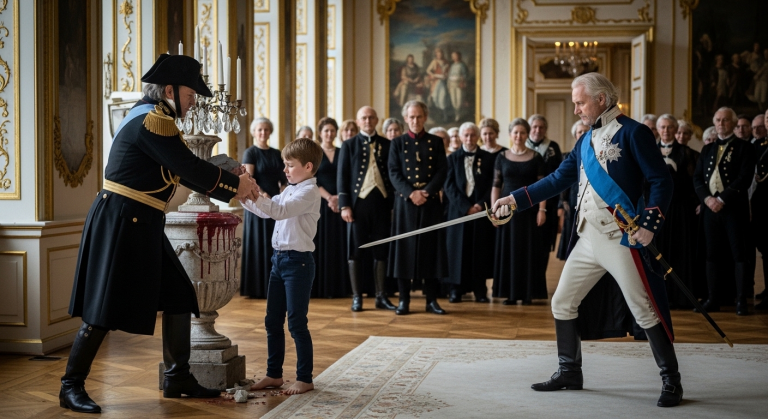 Auf der Jubiläumsfeier im Schloss Sanssouci zerschlug der Stiefvater die Urne des toten Vaters des Jungen und zwang das weinende Kind, die Asche mit bloßen, blutigen Händen aufzusammeln. Die elitären Gäste schauten weg. Da zog der grimmige Palastwächter sein Schwert, stieß den Stiefvater zu Boden und offenbarte ein dunkles Geheimnis…