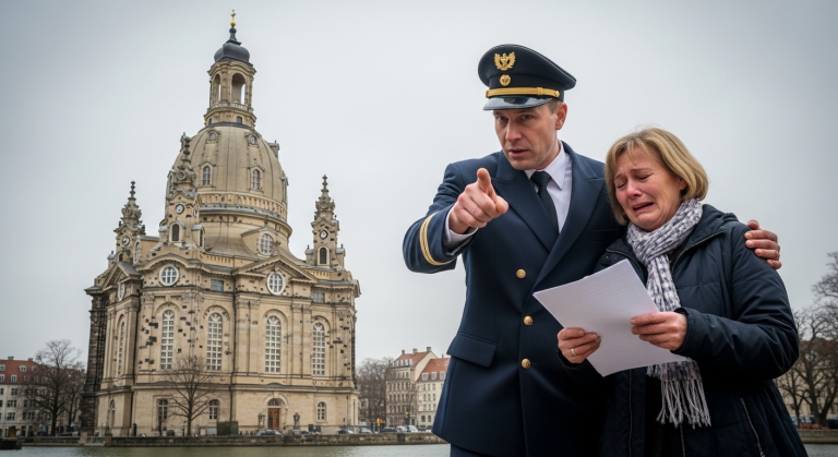 Vor der Dresdner Frauenkirche deutete der wütende Hauptmann mit dem Finger auf die weinende Witwe und schlug ihr die Dokumente aus der Hand. Er dachte, sein dunkles Geheimnis über den Mord an ihrem Mann im Auslandseinsatz sei sicher… Du wirst nicht glauben, welches 15 Jahre alte Beweisstück ein pensionierter Militärhund plötzlich vor seine Füße legte.