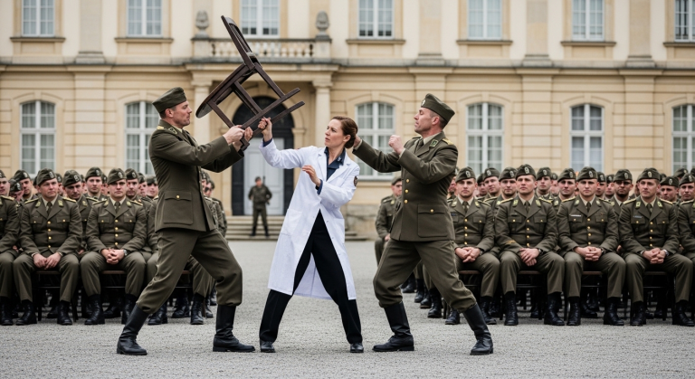 Im Stuttgarter Schlossgarten schleuderte der betrunkene Offizier einen schweren Stuhl nach der 32-jährigen Militärärztin und brüllte Beleidigungen. Sie hatte es gewagt, einem männlichen General in einer kritischen Frage vor der gesamten Mannschaft zu widersprechen… Doch als der stille Kriegsheld aus der letzten Reihe aufstand und seine Fäuste ballte, gefror allen das Blut.