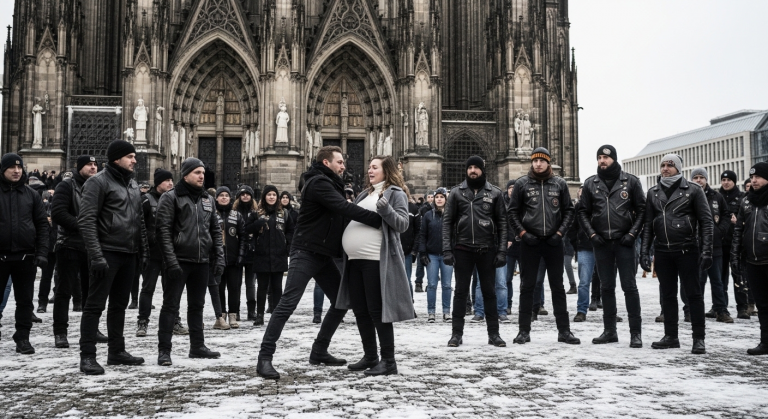 Die hochschwangere Maria weinte bitterlich auf den Stufen des Kölner Doms, nachdem ihr wütender Ex-Freund sie dorthin gezerrt hatte. Mit hasserfülltem Blick packte er sie, riss ihr den Mantel auf und stieß sie bei eiskalten 2 Grad in den Schnee – Niemand wagte einzugreifen, bis eine gewaltige schwarze Wand aus Lederjacken den gesamten Platz verdunkelte.