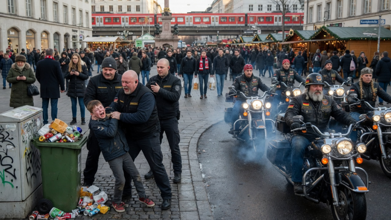 Der achtjährige Waisenjunge kauerte verängstigt in einer Ecke am Münchner Marienplatz, umzingelt von drei gewalttätigen Ladendetektiven. Der Größte packte ihn am Kragen, schrie ihm mit grollender Stimme direkt ins Gesicht und warf ihn gegen eine Mülltonne, während hunderte Passanten wegschauten… Was diese Tyrannen nicht wussten, war, wer gerade auf Dutzenden röhrenden Harleys um die Ecke bog.