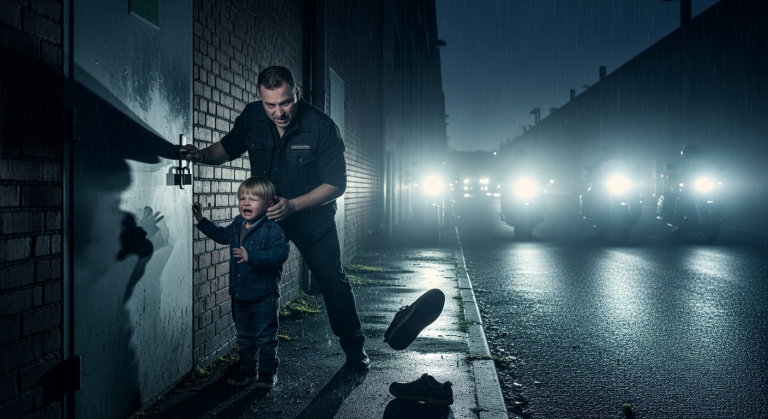 In der dunklen Hamburger Speicherstadt wurde ein kleiner Junge von seinem wütenden Stiefvater in die Kälte gesperrt. Mit zornerfülltem Blick schubste er den Jungen nach draußen in den Starkregen, warf ihm 1 kaputten Schuh hinterher und knallte die Tür zu… Was der Mann nicht bemerkte, waren die massiven Scheinwerfer eines gesamten Motorradclubs, die das weinende Kind beleuchteten.