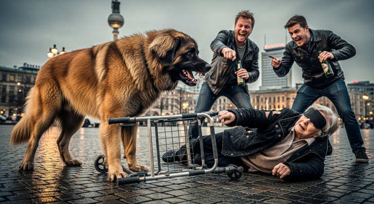 Als blinde, 80-jährige Witwe nahe dem Alexanderplatz in Berlin war mein riesiger Leonberger mein einziger verlässlicher Schutz. Drei betrunkene Schläger stießen mich lachend zu Boden, traten meinen Rollator um und zerrissen meine Jacke – Was der sanfte Riese dann tat, um mich vor den Angreifern abzuschirmen, rührt heute das ganze Land zu Tränen.