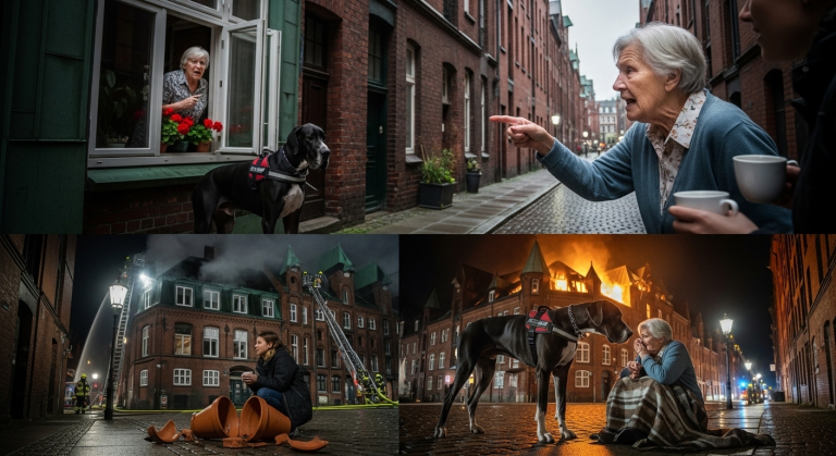 Frau Schmidt aus der Hamburger Speicherstadt war eine boshafte Nachbarin, die meiner Deutschen Dogge täglich den Tod wünschte. Sie zeigte wütend mit dem Finger auf mich, warf 2 Blumentöpfe nach meinem Hund und schrie hasserfüllt – Aber als in der Nacht ihr Dachstuhl brannte, bewies mein Hund ihr eine Lektion über wahre, aufopfernde Vergebung.