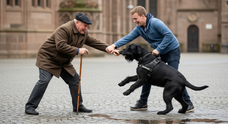 Ein herzloser Jugendlicher am Stuttgarter Schlossplatz riss einem weinenden alten Mann absichtlich die Gehhilfe weg. Er schubste den Senior in eine tiefe Pfütze, spuckte verächtlich auf den Boden und trat 4 Mal nach seinem Hund – Der schwarze Riesenschnauzer packte den Angreifer am Ärmel und lehrte ihn auf eindrucksvolle Weise, was echter Respekt bedeutet.