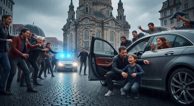 Ich war der treusorgende Ehemann, der 14 Jahre lang ihre Schulden abbezahlte, während sie heimlich in Luxushotels mit anderen Männern schlief. Vor der Dresdner Frauenkirche schloss sie mich und unseren weinenden 7-jährigen Sohn im strömenden Regen aus dem Auto ihres Liebhabers aus… Was die wütende Menschenmenge daraufhin anstellte, war pure Gerechtigkeit.