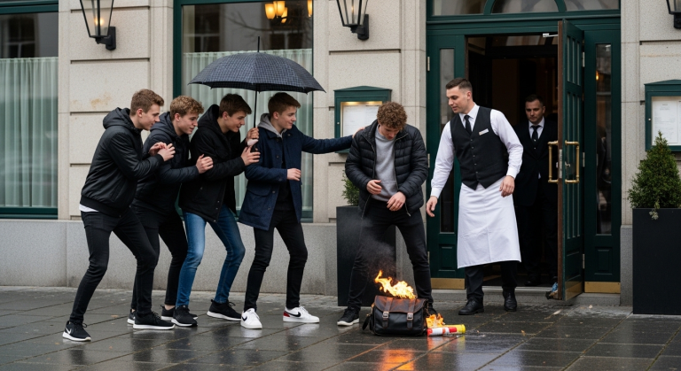 Eine Gruppe von fünf elitären Teenagern umzingelte den schüchternen Lukas vor einem Edelrestaurant an der Kölner Rheinpromenade. Sie stießen ihn in den eiskalten Regen, lachten höhnisch und übergossen seinen alten Schulranzen mit brennendem Benzin… als ein Kellner die Tür aufriss. Der einzige Satz, den dieser Mann sprach, ließ das arrogante Lächeln der Schläger innerhalb von 2 Sekunden gefrieren.