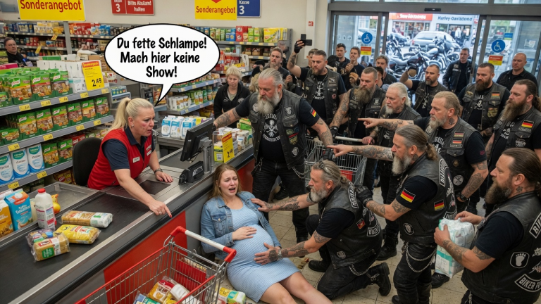 Mitten im Supermarkt wurde eine junge Frau im 6. Monat ihrer Schwangerschaft von einer rücksichtslosen Kassiererin schikaniert. Die Angestellte stieß den Einkaufswagen absichtlich gegen ihren Bauch, zischte fiese Beleidigungen – und ließ sie vor Schmerzen keuchend auf dem Boden liegen. Ihr werdet nicht glauben, was passierte, als plötzlich 40 ledergekleidete Biker den Laden betraten, um die Schwangere zu beschützen!