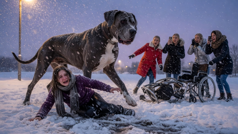 4 herzkalte Frauen stießen die Rollstuhlfahrerin absichtlich in den eiskalten Schnee und machten sich über ihr Flehen lustig. Völlig durchnässt und hilflos kauerte die Frau am Boden – als sich ein massiver Körper schützend vor sie stellte. Wie eine sanfte, aber respekteinflößende Deutsche Dogge die Angreiferinnen mit nur einem tiefen Grollen zum Wegrennen zwang, ist pure Magie!
