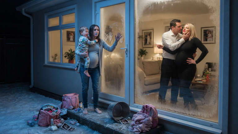 Im 5. Monat schwanger und mit meinem 2-jährigen Sohn im Arm, warf mich seine herrische Geliebte brutal aus dem Haus. Sie schüttete mir eiskaltes Wasser ins Gesicht, trat unsere Sachen hinaus… und sperrte uns bei Minusgraden aus. Halb erfroren blickte ich durch die Glasscheibe und sah, wie mein Ehemann drinnen genau diese Frau zärtlich streichelte!