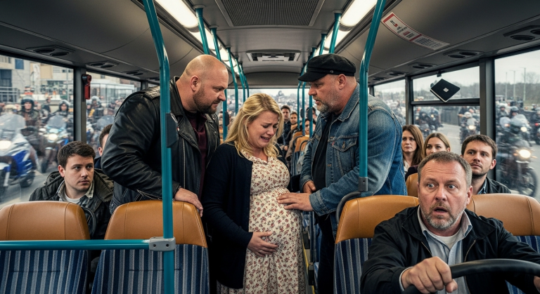 Zwei aggressive Fahrgäste schubsten die 7 Monate schwangere Frau gewaltsam zur Seite, um sich die letzten Sitzplätze im Bus zu sichern. Sie starrten die weinende Frau wütend an und verweigerten ihr eiskalt jeden Platz… Die plötzliche Blockade durch eine gewaltige Motorradkolonne zwang den Busfahrer jedoch zu einem sofortigen, dramatischen Halt.