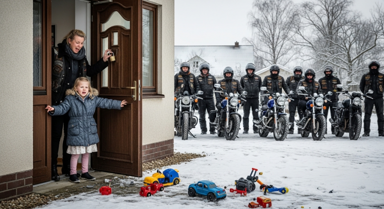 Die grausame Stiefmutter sperrte das kleine 6-jährige Mädchen ohne Jacke in den eisigen Schnee aus und warf ihre Spielsachen zerstörend hinterher. Weinend hämmerte das frierende Kind an die Tür, während drinnen laut gelacht wurde – Bis plötzlich das ohrenbetäubende Motorenheulen eines ganzen Motorradclubs den Vorgarten erbeben ließ und Gerechtigkeit brachte.