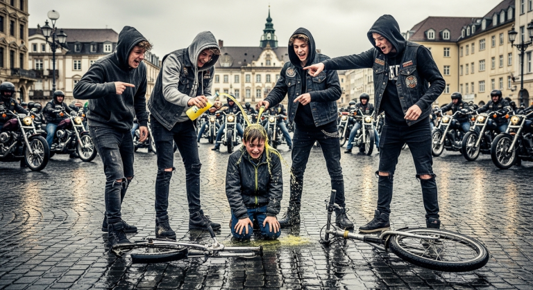Vier fiese Teenager zerschlugen das Fahrrad des 10-jährigen Jungen in Stücke und schütteten ihm kalte Limonade über den weinenden Kopf. Sie zeigten spöttisch auf ihn, während er zitternd und völlig verängstigt auf dem kalten Asphalt kauerte… Die Situation eskalierte sofort, als dreißig donnernde Chopper auf den Platz rollten und eine schützende Wand um ihn bildeten.