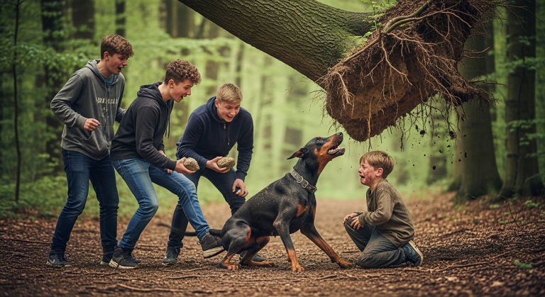 Die 3 rücksichtslosen Teenager lachten, als sie den treuen Dobermann des kleinen, weinenden Waisenjungen in die Ecke drängten. Sie traten brutal nach dem Hund, warfen Steine auf ihn und ließen ihn wimmernd im Schmutz liegen… Plötzlich geschah das Unfassbare, als das misshandelte Tier aufstand, um genau diese feigen Angreifer vor einem herabstürzenden Baum zu bewahren.