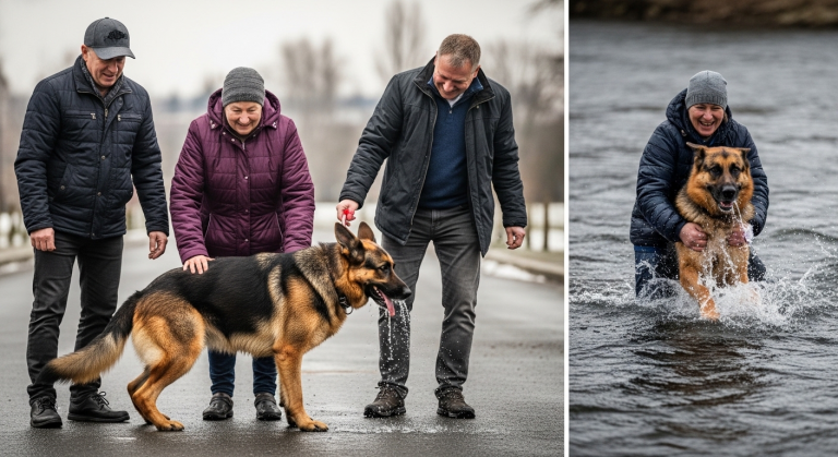 Die 4 ignoranten Passanten stachelten sich gegenseitig an, den alten Straßenhund des armen Rentners zu quälen. Lachend traten sie dem massiven Schäferhund in den Bauch und schütteten eiskaltes Wasser über seine Wunden… Doch es war genau dieser verhasste, verletzte Hund, der später in den reißenden Fluss sprang, um das ertrinkende Kind eines Täters zu retten.