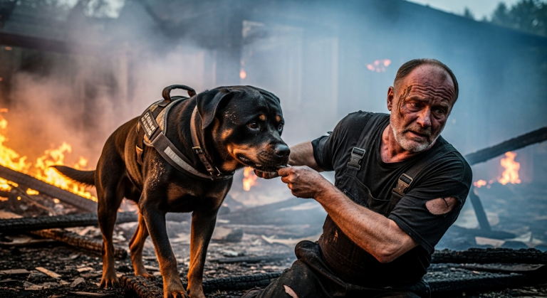 Der cholerische Nachbar schlug bereits 3 Mal mit einem Knüppel auf den wehrlosen Rottweiler der jungen Familie ein. Er drückte den wimmernden Hund wütend gegen die Hauswand und spuckte verächtlich auf ihn herab… Aber als das Haus des Nachbarn nachts brannte, war es genau dieser misshandelte Riese, der ihn heldenhaft aus den Trümmern zerrte.