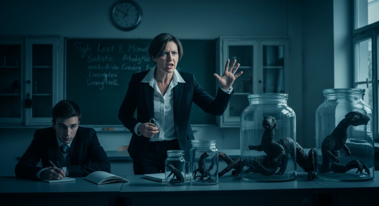 In den letzten 8 Monaten machte die sadistische Lehrerin mein Leben zur Hölle. Mit wutverzerrter Stimme zerriss sie mein Schulheft, stieß mich grob gegen die Tafel und schloss mich allein im unheimlichen Biologieraum ein… Als es dunkel wurde, öffneten sich die Gläser mit den Tierpräparaten von selbst, und etwas Unaussprechliches kroch heraus, um meine Lehrerin zu jagen.
