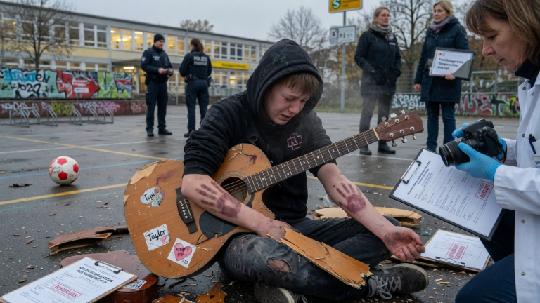 Der 15-jährige Max saß zitternd auf dem Schulhof in Frankfurt, umklammert von den Resten seiner geliebten Gitarre. Sein brutaler Vater hatte das Instrument vor seinen Augen in tausend Stücke zerschmettert und ihn dabei so hart am Arm gepackt, dass er aufschrie… Die grausame Tat endete vor dem Familiengericht, als ein Arzt die tiefen Blutergüsse dokumentierte und dem Vater das Sorgerecht sofort entzogen wurde