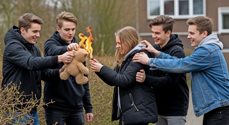 Exakt 4 Jungs aus der Dortmunder Nachbarschaft lauerten mir jeden Tag auf dem Schulweg auf. Sie entrissen mir das letzte Kuscheltier meiner verstorbenen Schwester, zündeten es mit einem Feuerzeug an und schubsten mich lachend in die Dornenhecke – Das Lachen verstummte im Gerichtssaal, wo der Richter die Beweisfotos meiner zerkratzten, blauen Arme sah und sie wegen gefährlicher Körperverletzung verurteilte