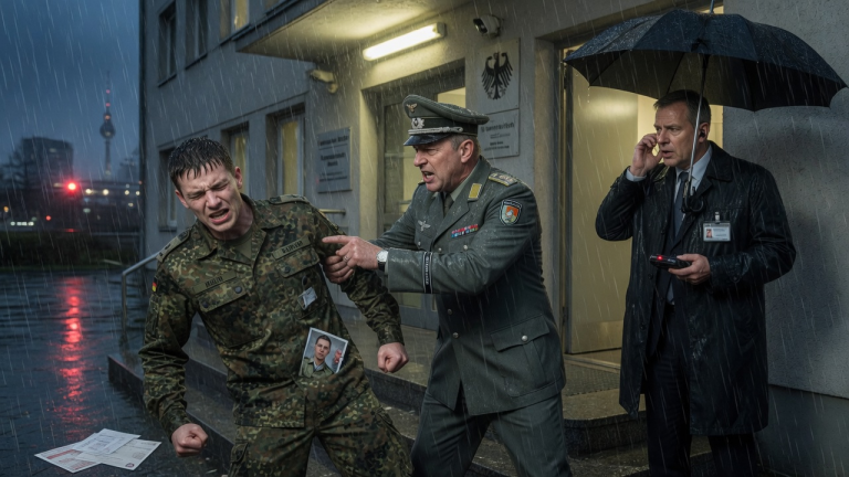 Seit 5 Jahren diene ich stolz in der Bundeswehr in Berlin, doch mein Vorgesetzter ist ein skrupelloser Mörder, der den Tod meines Bruders vertuscht hat. Mit schmerzverzerrtem Gesicht stieß er mich brutal in den eiskalten Regen und zeigte drohend auf mich… Aber er wusste nicht, dass der Militärstaatsanwalt genau in diesem Moment alles mit anhörte.