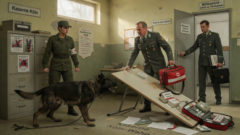 Unter 500 Soldaten auf der Basis in Köln war ich die einzige Sanitäterin, die sich den illegalen Hundeausbildungen des fiesen Hauptmanns widersetzte. Mit einem hasserfüllten Blick stieß er den Tisch um, riss mir mein medizinisches Kit aus der Hand und drohte mir – Sein Grinsen verschwand augenblicklich, als der scheinbar harmlose Wachhund sich plötzlich schützend vor mich stellte und ein Militärrichter eintraf.