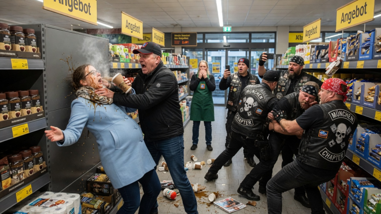 In einer Münchner Aldi-Filiale stieß ein aggressiver Kunde die im 8. Monat schwangere Clara so hart, dass sie krachend gegen ein Metallregal flog. Er schüttete ihr kochend heißen Kaffee ins Gesicht, packte sie am Hals und brüllte sie hasserfüllt an – Sekunden später stürmte ein Motorradclub den Laden und fixierte ihn für eine Anzeige wegen versuchten Totschlags.