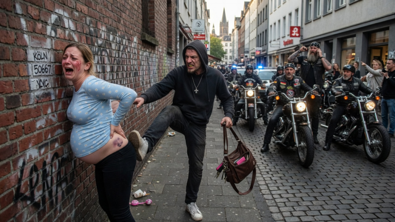 Die im 7. Monat schwangere Elena wurde in der Kölner Innenstadt von einem gewalttätigen Taschendieb massiv gegen eine raue Ziegelwand geschleudert. Der Angreifer trat ihr gezielt in den Rücken, riss ihr die Tasche weg und verspottete ihre flehenden Schmerzensschreie… Das Blatt wendete sich dramatisch, als ein Biker-Konvoi ihm den Fluchtweg abschnitt und ihn der Justiz übergab.