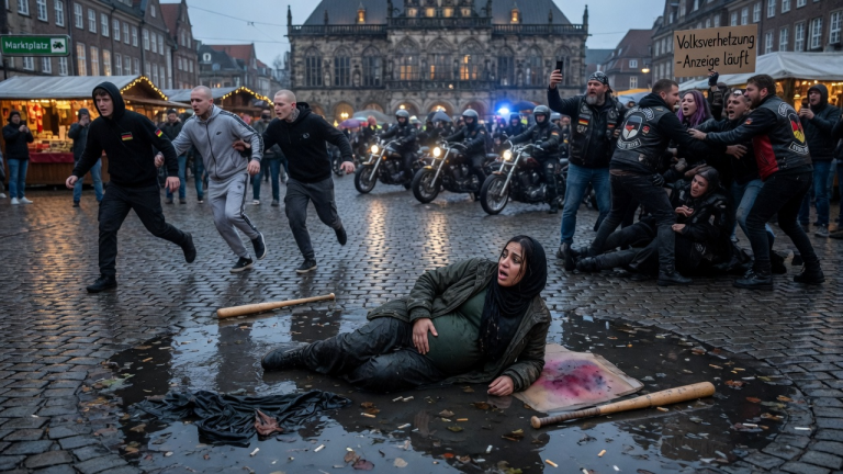 Die 27-jährige schwangere Amira wurde auf dem Bremer Marktplatz von Rassisten mit einem harten Baseballschläger massiv an der Schulter getroffen. Sie stießen sie in eine eiskalte Pfütze, rissen ihr das Kopftuch herunter und grollten voller Hass… Die feige Bande flüchtete panisch, als fünfzig Biker auftauchten und die Täter für eine Anzeige wegen Volksverhetzung festhielten.
