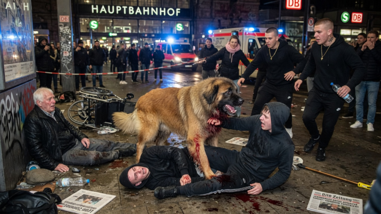 Seit 3 Jahren tyrannisierte die skrupellose Bande den alten Herrn am Hamburger Hauptbahnhof. Sie traten seinen Rollstuhl um, schütteten ihm eiskaltes Wasser ins Gesicht und lachten über seine Tränen – Bis unser sanftmütiger Leonberger-Riese auftauchte und eine blutige Grenze zog, die ganz Deutschland schockierte.