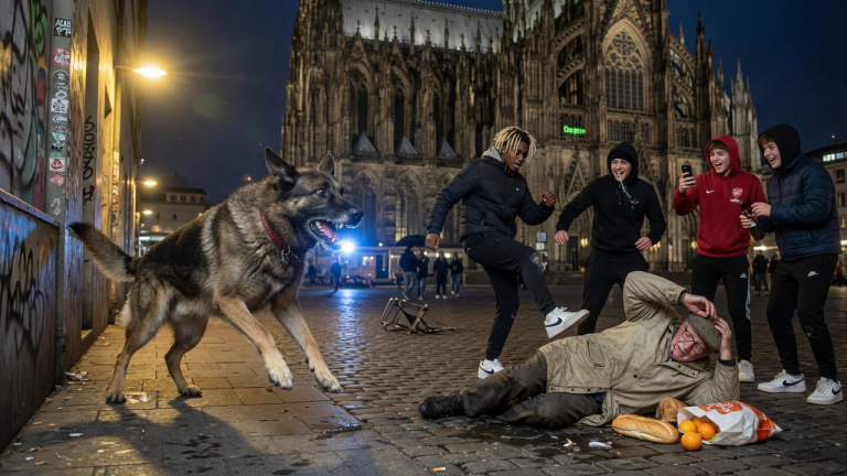 Ein 82-jähriger Rentner wurde hinter dem Kölner Dom von einer grausamen Jugendgang in die Enge getrieben. Sie rissen ihn zu Boden, traten auf seinen zerbrechlichen Körper ein und spuckten ihn hämisch an… In diesem Moment brach ein alter, humpelnder Schäferhund aus der Gasse hervor und lehrte die Angreifer das wahre Fürchten.