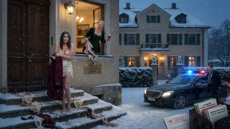 Als treue Schwiegertochter ertrug ich 5 Jahre lang die Schikanen meiner kaltherzigen Schwiegermutter in unserer Münchener Villa. Als sie mich im eiskalten bayerischen Winter aus dem Haus sperrte und lachend meine Kleider zerriss… Doch sie ahnte nicht, dass mein Anwalt bereits mit dem Amtsgericht telefonierte, um ihr das gesamte Erbe zu entziehen.