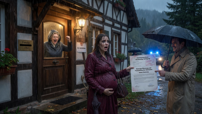 Als schwangere Frau im 7. Monat wurde ich von meiner tyrannischen Schwiegermutter aus unserem Haus nahe dem Schwarzwald geworfen. Sie schlug mir die Haustür vor der Nase zu, ließ mich im strömenden Regen stehen und rief triumphierend… Sekunden später tauchte mein Schwager mit einem richterlichen Beschluss auf, der mich als Alleinerbin auswies und sie sofort obdachlos machte.