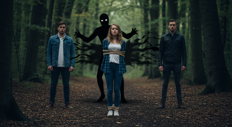 Alleine im Wald angebunden. Meine “Freunde” ließen mich als fiesen Streich im Dunkeln zurück. Ich schrie mir die Seele aus dem Leib, als Wölfe heulten. Plötzlich zerschnitten messerscharfe Klauen meine Fesseln. Ein riesiges, schattenhaftes Wesen beugte sich zu mir herab und knurrte sanft: “Lass uns jagen gehen, kleines Opfer.”