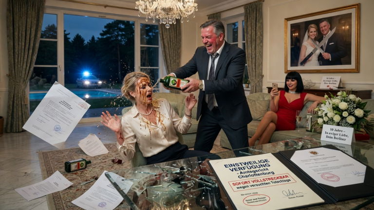 Genau an unserem 10. Hochzeitstag zeigte mein reicher Berliner Ehemann in unserer Grunewald-Villa sein wahres, brutales Gesicht. Vor seiner neuen Geliebten schüttete er mir eiskalten Jägermeister ins Gesicht, stieß mich brutal gegen den Glastisch und zerriss lachend unsere Eheverträge… Er ahnte nicht, dass der alarmierte Notar aus Charlottenburg bereits eine einstweilige Verfügung gegen ihn wegen versuchten Totschlags erlassen hatte.