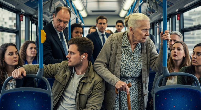 Ein Platz im Bus wurde plötzlich frei, um 18:12 Uhr, ich setzte mich sofort, doch erst danach bemerkte ich die ältere Frau neben mir, die sich kaum noch festhalten konnte, niemand reagierte, alle sahen weg, ich blieb sitzen, aber je länger ich sie ansah, desto unangenehmer wurde die Stille um mich herum.